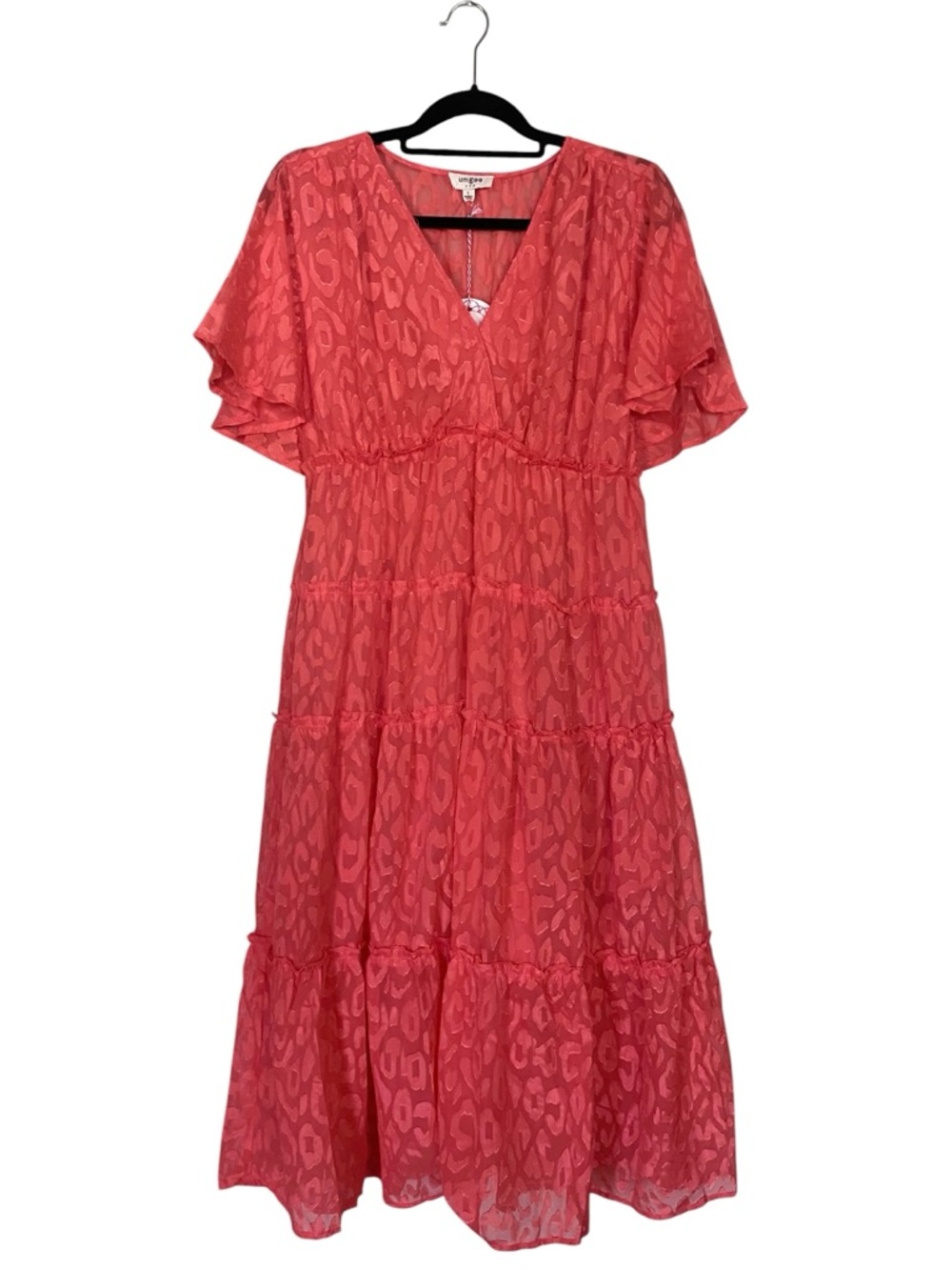 Umgee Leopard Print Vibrant Coral Flutter Sleeve Midi Dress Size Large NWT